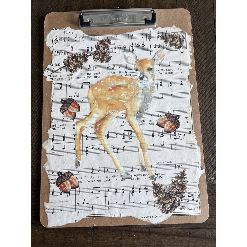 Woodland Pinecone Fawn Deer Glen Holly IOD Transfer OOAK‎ Art Clipboard 9" X 13"
